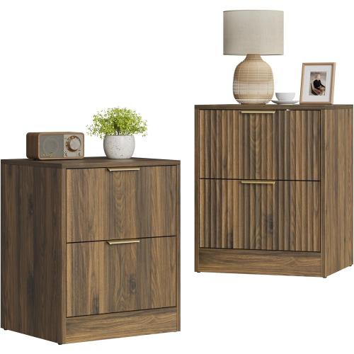 Set of 2 Walnut Nightstand with 2 Storage Drawers, Modern Fluted Night Stand Bedside Table, Bed Side End Table with Golden Handles for Bedroom, Walnut