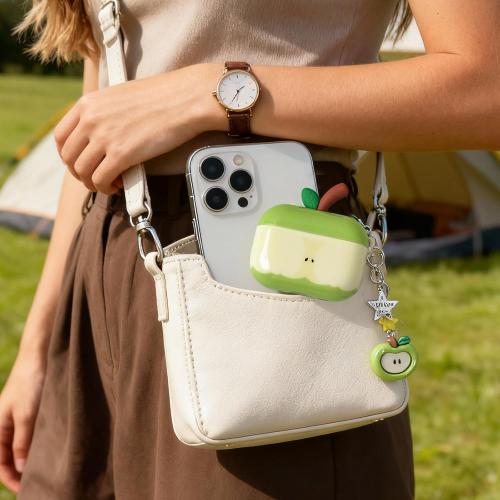 for Cute Green Apple Case Compatible with AirPods Pro 3rd Generation, Hard PC Shockproof Protective Cover with Keychain, Front LED Visible Kawaii Fashion Earbud Case for Women Girls