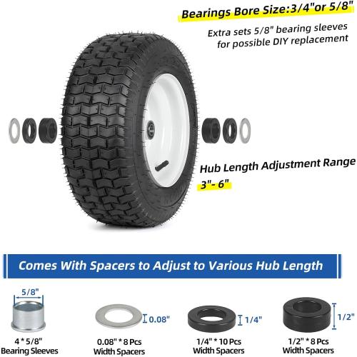 16x6.50-8 Riding Lawn Mower Rubber Tire and Wheel, 2 Pcs Replacement 16x6.5-8nhs Garden Tractor Lawnmower Tyre, Bearing Bore 3/4 & 5/8, 3-4.5 Centered Hub