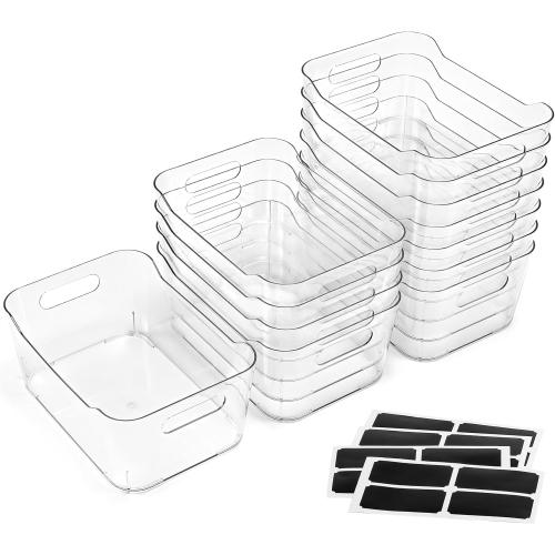 Size 9.6 L x 6.6 W x 4.1 H 12 PACK Multi-Use Clear Plastic Storage Bins for Organizing w/ Labels - Home, Kitchen, Bathroom, Office, Pantry Cabinet Shelf Organizer Bins - SOHO Collection, RV, Fridge Organization Containers
