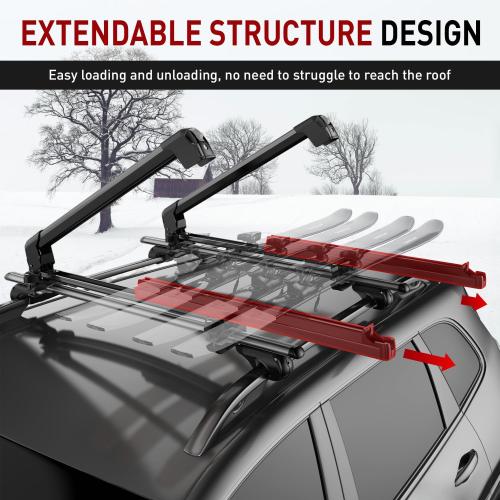 Ski & Snowboard Rack for Car Roof, 27.5'' Loading Width Fits 6 Pairs of Skis or 4 Snowboards, Aluminum Roof Rack with Lock & Rubber Padding