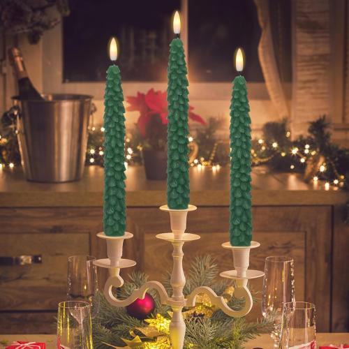 DRomance Christmas Tree Flameless Taper Candles Battery Operated with 10-Key Remote and Cycle Timer 4 Pack Real Wax 3D Wick Flickering LED Candlesticks Holiday Decor(Green, 0.79 x 9.9 Inch)