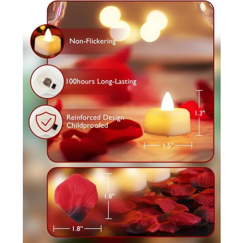 Homemory Rose Petals and Candles Set for Romantic Decorations Special Night, 2000 Pcs Red Rose Petals with 30Pcs LED Heart Candles Lights for Proposal, Anniversary, Birthday, Wedding Decor