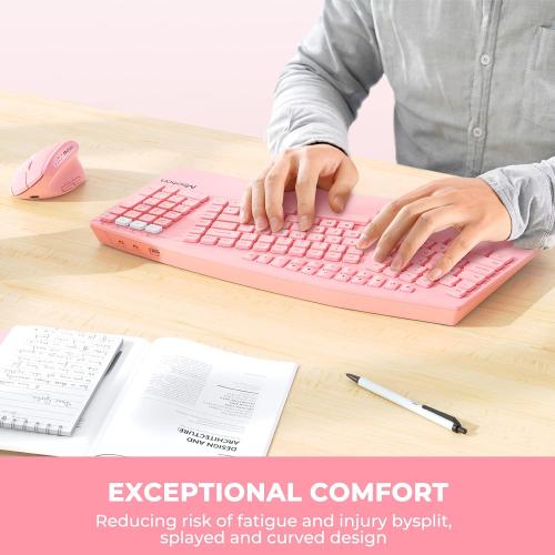 MEETION 2025 Upgrade Pink Ergonomic Keyboard and Mouse, Multi-Device Bluetooth/2.4G Keyboard, 3 DPI Adjustable Wireless Mouse, Full-Sized Rechargeable Cordless for PC/Computer/Laptop/Window