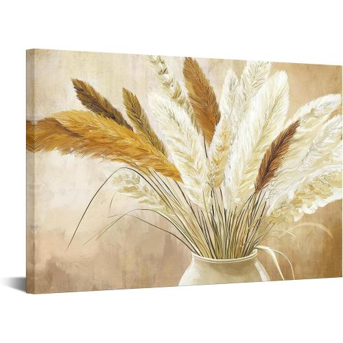 KREATIVE ARTS Vintage Pampas Grass Wall Art 24x36 Inch Boho Botanical Dried Flower Canvsa Print Neutral Beige Wall Decor for Living Room Bedroom Farmhouse Entryway Rustic Home Artwork Ready to Hang