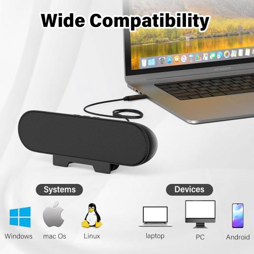 Computer Speakers for Desktop Monitor,Single Speakers for Desktop PC,Laptop Speaker with Loud Sound,Volume Control Easily Clamps to Monitors(USB-C to USB Adapter Included) (Black)