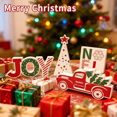 4 Pcs Christmas Table Decorations Indoor Wooden Red Truck Winter Tiered Tray Decor Rustic Merry Christmas Tree NOEL JOY Centerpiece Gift Farmhouse for Home Kitchen Shelf