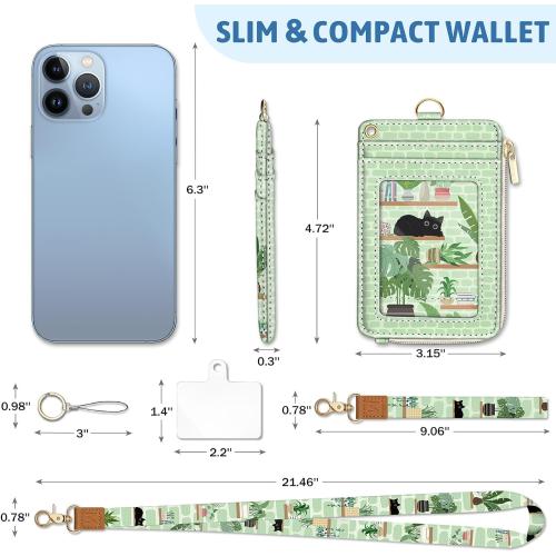 Cute Black Cat Lanyard Wallet with ID Badge Holder Small Slim RFID Keychain | Slim Credit Card Holder, Zipper Coin Pocket, Phone Lanyard Wrist Strap, Office Essential, Work, Teacher, Name Tag, Girl Gift