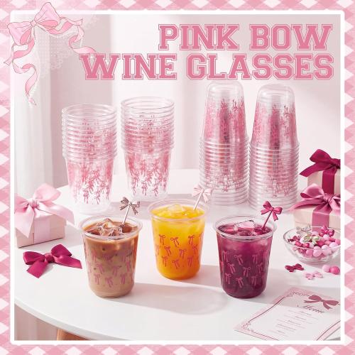 60 Pcs 12 oz Plastic Stemless Wine Glasses Party Disposable Clear Cups for Birthday Baby Shower(Pink Bow Style)