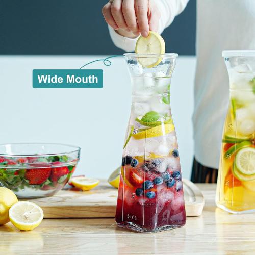 Glass Carafe, 1 Liter Carafe for Mimosa Bar, 4 Pcs, Square Pitcher with Lid and Spout, Drink Dispenser for Parties, Cold Water, Milk, Juice Container, Tea, Wine, Cocktails (6 Lids & 1 Spout)