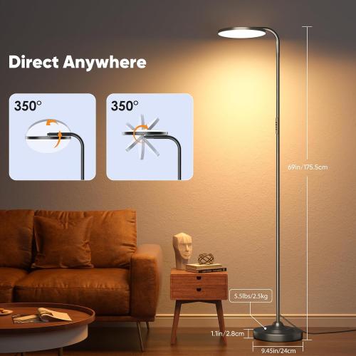 SIBRILLE 36W LED Floor Lamp, Super Bright Standing Lamp, Modern Stepless Dimmable Torchiere Tall Lamp with Remote Control, 350°Rotating Head Reading Floor Lamp for Living Room, Bedroom, Office
