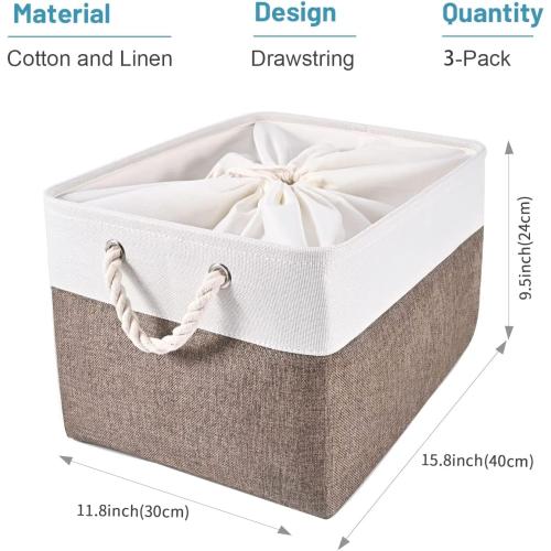HOdo Home 15.8×11.8×9.5In/3PCS Fabric Storage Bin with Drawstring Closure and 2 Bold Handles, Collapsible Large Canvas Storage Baskets for Organizing Shelf Nursery Home Closet (Brown)