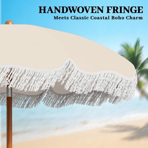 AreShark 7ft Patio Umbrella with Fringe, UPF50  Beach Umbrella for Table, Pool & Garden, Portable Outdoor Tassels Umbrella w/Fiberglass Ribs&Push Bottom Tilt(Ivory)