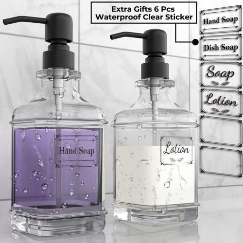 GLADPURE 2 Pack Soap Dispenser, 18 Oz Antique Design Thick Glass Hand Dispensers; with 304 Rust Proof Stainless Steel Pump, 6Pcs Clear Stickers, for Kitchen, Bathroom- Black