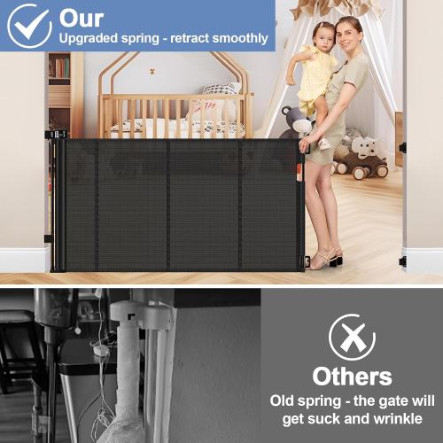 BLACK Reinforced Retractable Baby Gates with Support Beam 60 Wide Retractable Dog Gate Indoor Prevent Children and Dogs from Crawling Under Outdoor Dog Gate for Deck Mesh Gates for Kids or Pets, Black