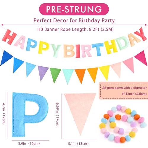 CANREVEL Pre-Strung 3D Happy Birthday Banner, 3 PCS Happy Birthday Felt Garland, Pom Pom Garland, Triangle Fabric Garland Bunting, Reusable Birthday Decorations for Women Men Girls Boys, Pastel