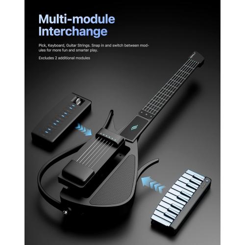 Color black Enya CYBER-G Smart Guitar With Silicone Strings, 24 Built-in Tones, Travel Silent Guitar with Speaker and Drum system,App Interactive Chord Sheets For Adults & Teens