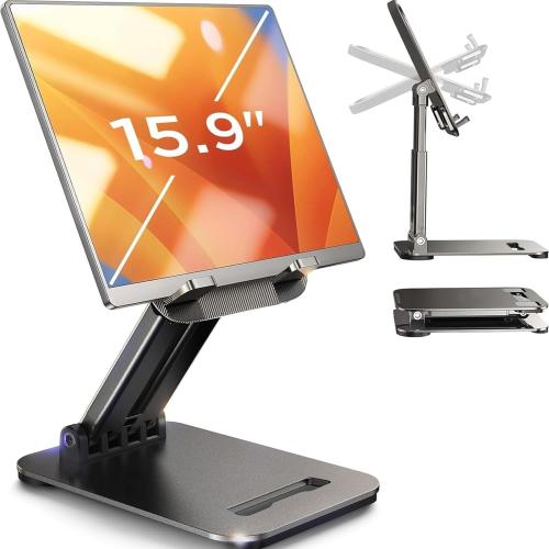 LISEN Tablet Stand for iPad Holder Desk Portable Monitor, Foldable Home Office Desk Accessories Kindle Stand Travel for iPad Holder Dorm College Essentials Fits Tabs iPhone 4-15.9 Black