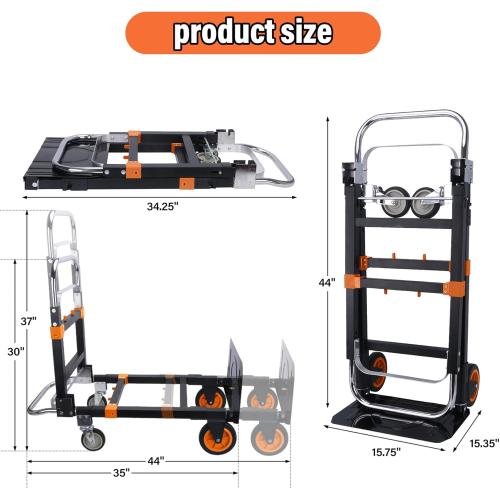 BLACK Upgraded 3 in 1 Folding Hand Truck, 600lbs Capacity, Heavy Duty Convertible Dolly with Retractable Handle and 4 Rubber Wheels, Collapsible Cart for Moving Home, Office, Warehouse（Orange）