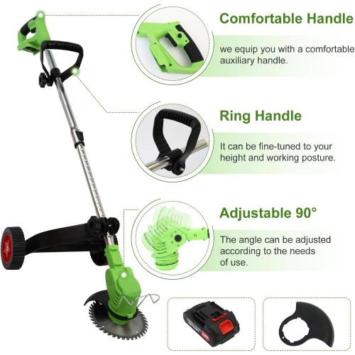 ALSO GO 21V Electric Lithium-Ion Grass Trimmer Lawn Mower with Stand Wheels and 1.5Ah Battery, Lightweight Weed Wacker Cordless Weed Eater Battery Powered for Yard and Garden, Green
