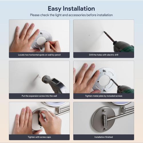 Rocollos Rechargeable Wall Mounted Lighted Makeup Mirror, 8 Inch Double-Sided LED Vanity Mirror 1X/10X Magnification,3 Color Lights Touch Screen Dimmable 360°Swivel 13 Inch Extendable