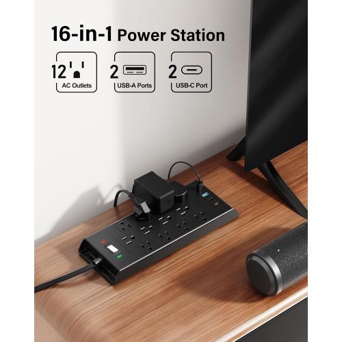 Surge Protector Power Strip 4800J, LeZone 10Ft Long Extension Cord Flat Plug, 12 Outlets 2 USB C 2 USB Ports, Wall Mountable, Desk Charging Station, Black