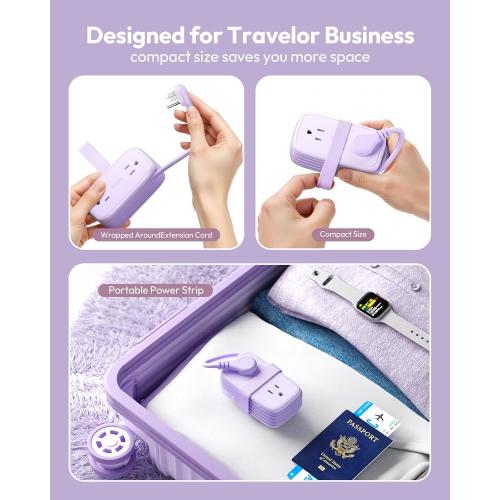 NTONPOWER Purple Travel Power Strip,Travel Essentials 4 Outlets 3 USB(1 C) with 4FT Wrapped Extension Cord Flat Plug, Cruise Essentials 2026 for Hotel Travel Cruise Essentials