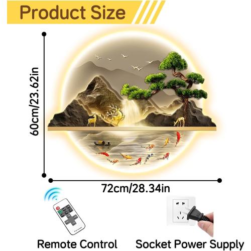 Zen LED Wall Art, Fish Wall Painting Decor with Led Light, Welcoming Pine Wall Decor Art, 3D Landscape Wall Sculpture Decoration, for Living Room Bedroom Office Entrance (B, 60×72cm)