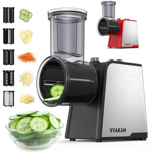 Electric Cheese Grater,300W DC Motor Salad Maker,Electric Slicer Shredder with 5 Different Shapes of Blades,Electric Vegetable Cutter for Potato,Carrot,Black