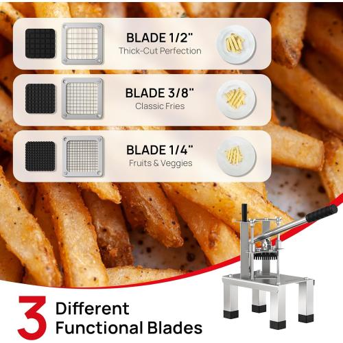 French Fry Cutterr,Professional Potato Cutter Slicer with 3/8, 1/2, 1/4 Stainless Steel Blades Stainless Steel Vegetable Chopper for Potato,Carrot,Cucumber,Onion,Home Use