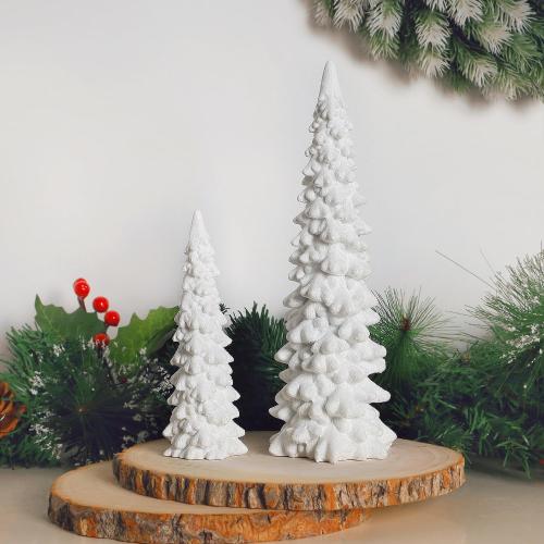 Juegoal Christmas Tree Table Decorations Set of 2, 9.5 White Glittered Xmas Pine Trees, Winter Snow Ornaments Tabletop Resin Trees Dinner Holiday Party Supplies Winter Mantle Shelf Centerpieces Decor