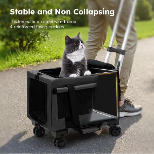 DARK GREY Pecute Cat Carrier with Wheels,Steel Wire Frame Cat Carrier, Stable Pet Trolley Bag for Cats, Pet Handbag and Stroller, Portable Cat Carrier Bag for Car Travel Bus Subway, Dark Grey