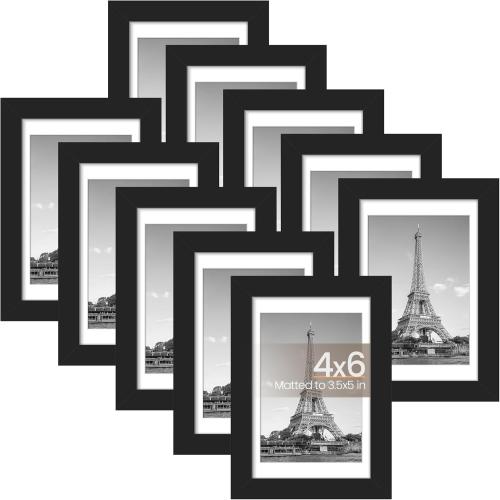 upsimples 4x6 Picture Frame Set of 10, Display Pictures 3.5x5 with Mat or 4x6 Without, Multi Photo Frames Collage for Wall or Tabletop Display, Black