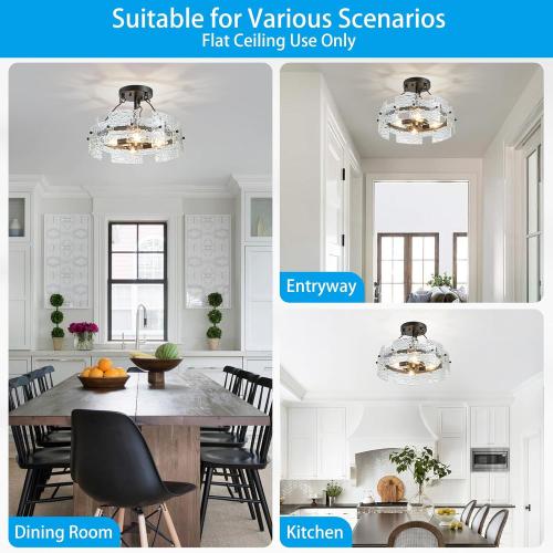 XINGQI Black Ceiling 4-Light Modern Farmhouse Water Ripple Glass Ceiling Lighting Fixture 15.7 Drum Ceiling Lights for Bedroom Dining Room Living Room Hallway Entryway