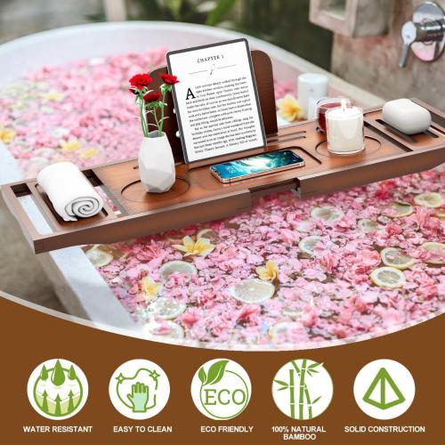 Premium Bamboo Bathtub Tray Caddy - Bath Tub Tray Table for Bathtub - Bath Caddy Tray for Bathtub, Expandable Size, Fits Most Bath Tubs