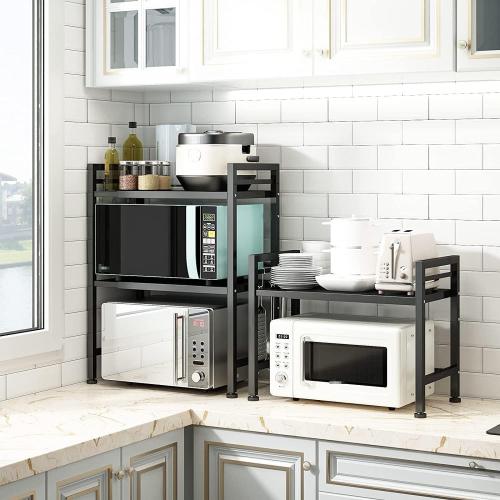 DOLALIKE Expandable Microwave Rack, Countertop Kitchen Utensils Tableware Storage, Carbon Steel 3 Tier Shelf with 3 Hooks