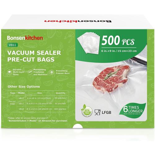 Bonsenkitchen Precut Vacuum Sealer Bags, 500 Pint 6 x 9 Food Sealer Bags | Commercial Grade, Heavy Duty, Customized Size Vacuum Bags for Vac Storage, Meal Prep or Sous Vide Cooking