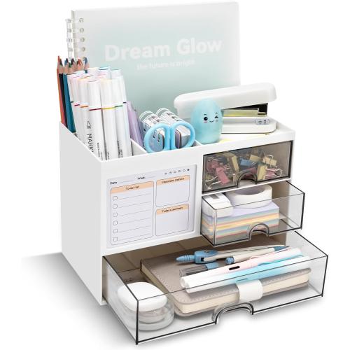 Desk Organizer with 3 Drawer, Multi-Functional Pencil Pen Holder for Desk, Desk Organizers and Storage with 8 Compartments, Desktop Organizer for Office Home Art Supplies (White)