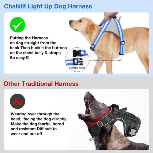 ChalkLit Light Up Dog Harness, No Pull Led Dog Harness Glow-in-The-Dark for Night Walking, USB Rechargeable Lighted Safety Vest for Medium Large Dogs, Adjustable Soft Mesh Fully Illuminated (Blue, L)
