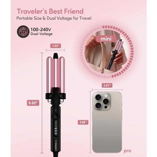 Farery Mini 3 Barrel Hair Waver - Portable Beach Wave Curling Iron for Short Hair, 1/2 Inch Ceramic Crimper with 3 Temp Settings & 30s Fast Heating, Dual Voltage Travel Hair Waver for Women, Pink