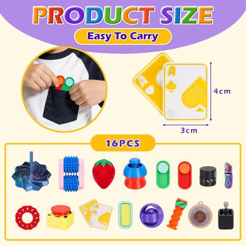 16PCS 3D Printed Fidget Toys, Sensory Toys for Kids with Autism ADHD, Classroom Treasure Box & Calm Down Corner Must Haves, Stress Relief Gifts for Kids Teens Adults