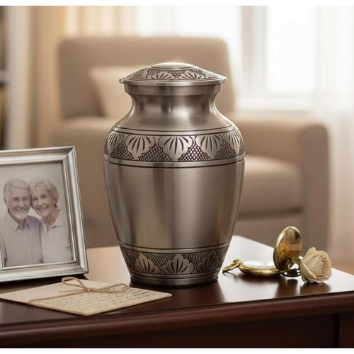 eSplanade Brass Cremation Urn Memorial Jar Pot Container | Medium Size Urn for Funeral Ashes Burial | Engraved Metal Urn | Pewter - 6 Inches