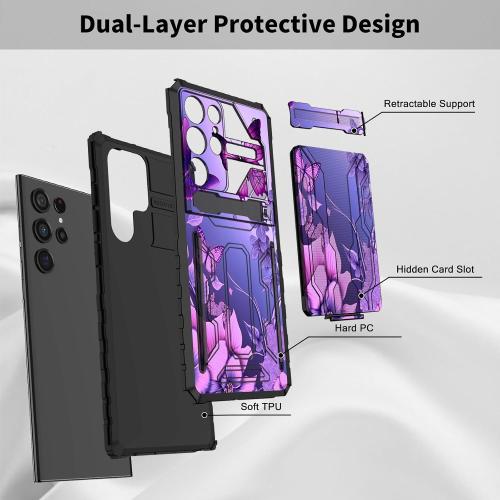 for Samsung Galaxy S24 Ultra Case Wallet Case with Credit Card Holder & Kickstand Dual Layer Hard PC Soft TPU Protective Cover for Galaxy S24 Ultra 6.8 inch - Pink Flowers Purple Butterflies