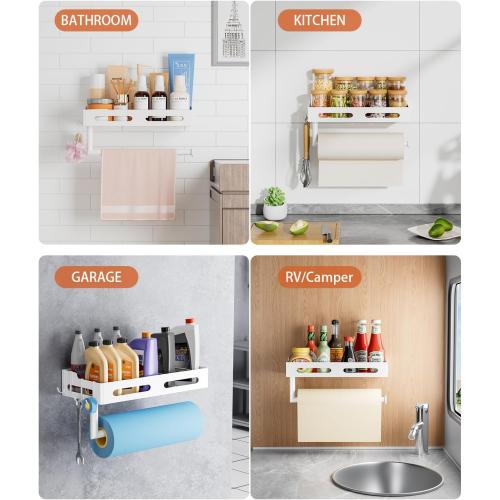 Paper Towel Holder Wall Mount with Shelf, Easy One Hand Tear, Adhesive Glue or Drill Mount Hanging Paper Towel Holder with Shelf for Kitchen/Bathroom/RV, White Metal, 4 Hooks