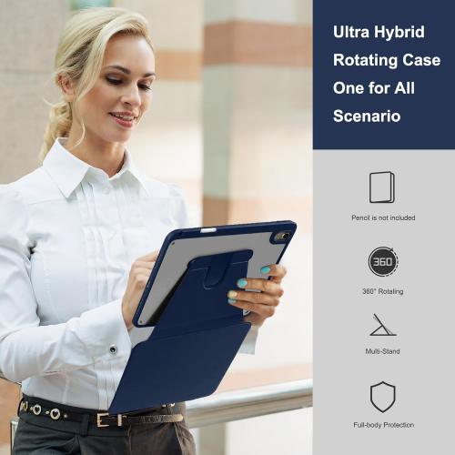 Rotating Case for 10th Gen iPad, Clear with Pencil Holder, 360 Folio Stand, Soft TPU, Sleep/Wake, Dark Blue