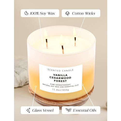 15.8oz Vanilla Cedarwood Forest 3-Wick Scented Soy Candle | 15.8 oz | Large Forest Aromatherapy Candle for Home Fragrance | Stress Relief & Relaxation | Fall Candle Gift