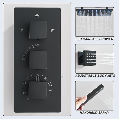 16x32 Shower Head System Ceiling Mount Shower Faucet Set Luxury Shower Faucets with Adjustable Body Shower Jets and Handheld Spray LED Large Rainfall Showerhead, Matte Black