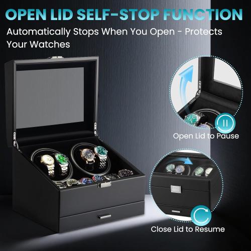 J&T Technology 4 Watch Winder with 6-Slots Watch Storage and Jewelry Drawer | 3-in-1 Storage System,Auto-Winding,Extra Storage,Jewelry Case,Japanese Quiet Motor with 4 Programmable Modes,LED Light