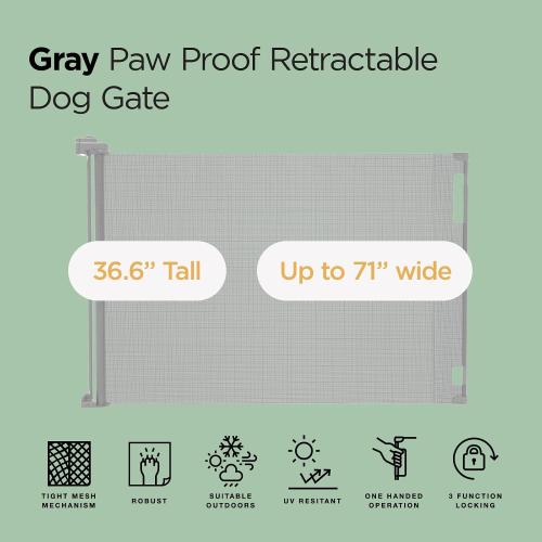 Hakuna Pets Indoor/Outdoor Paw Proof Retractable Dog Gate, 36.6 Tall Extends to 71 Wide, Gray