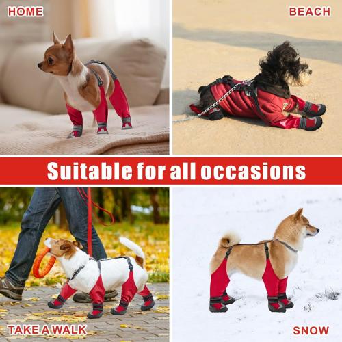 Idepet Dog Suspender Boots, Tall Dog Boots Anti-Slip & Fall Waterproof Shoes Leggings, Adjustable Suspender Boots for Winter Snow Rain Hiking Paws Protector (Red, 7)